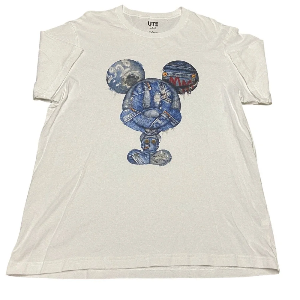 Uniqlo UT Disney Mickey Mouse Denim Patchwork Graphic T-Shirt White Sz XL
